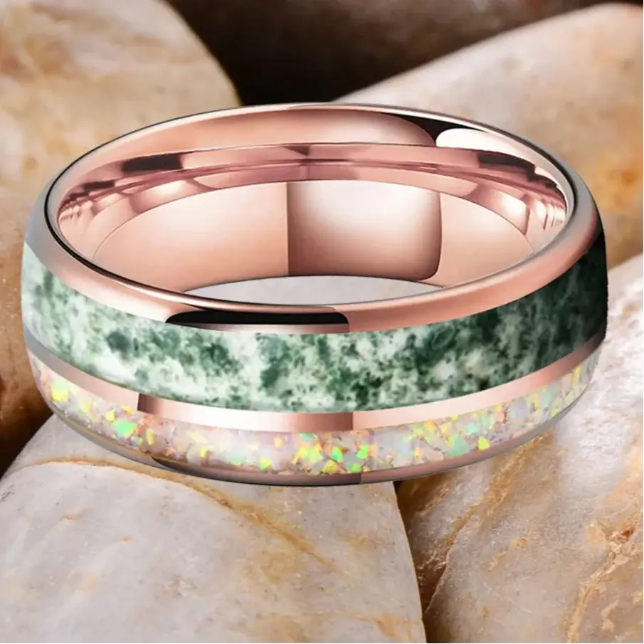 8mm Tungsten Rose Gold Ring – Moss Agate & White Opal Inlay (Unisex) - Promise Rings