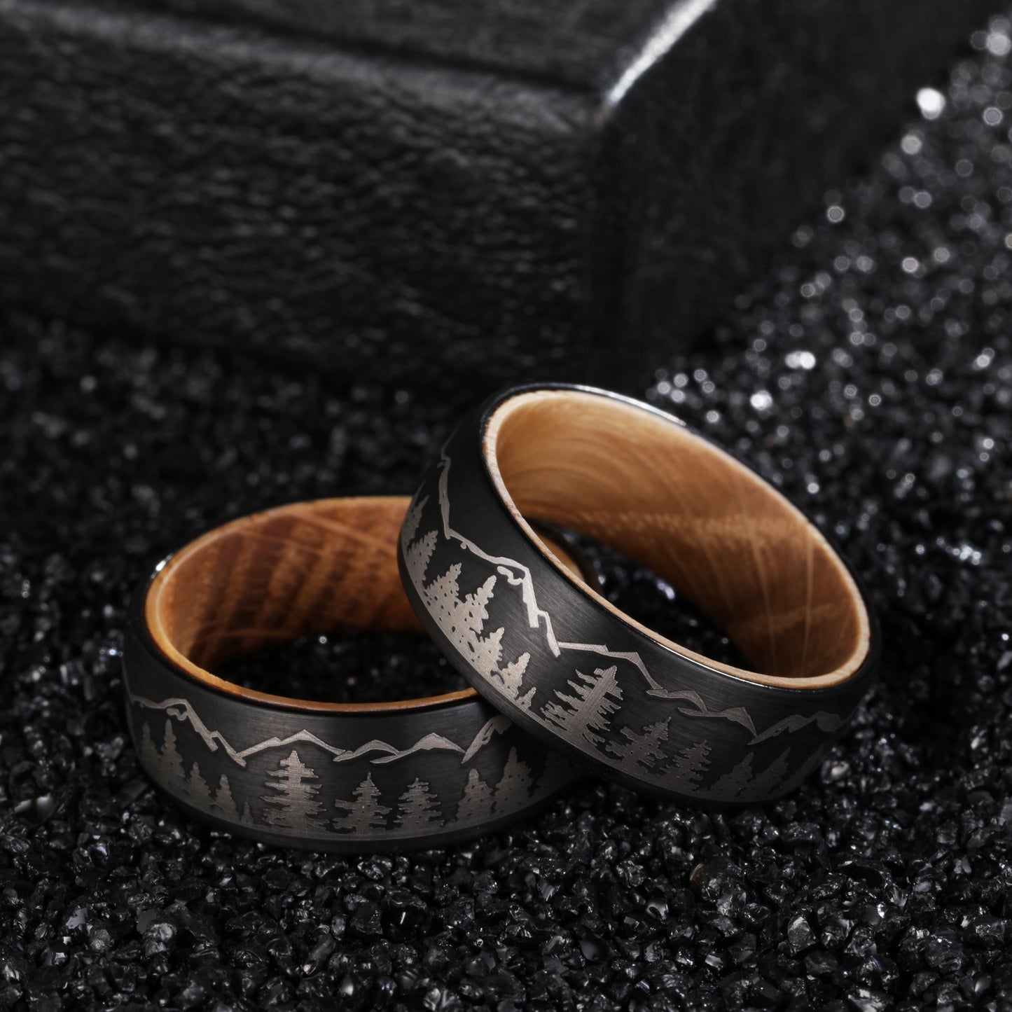8mm Black Tungsten Forest Ring – Whiskey Barrel Wood & Mountain Design (Men’s) - Promise Rings