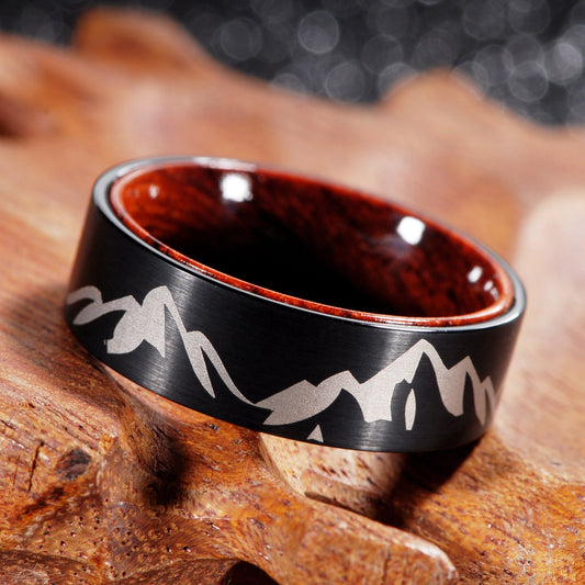 8mm Mountain Scene Tungsten Wooden Men's Ring - Promise Rings
