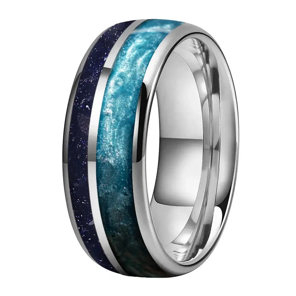 8mm Tungsten Ocean Blue Sandstone & Crushed Pearl Ring – Ocean-Inspired Design (Unisex)