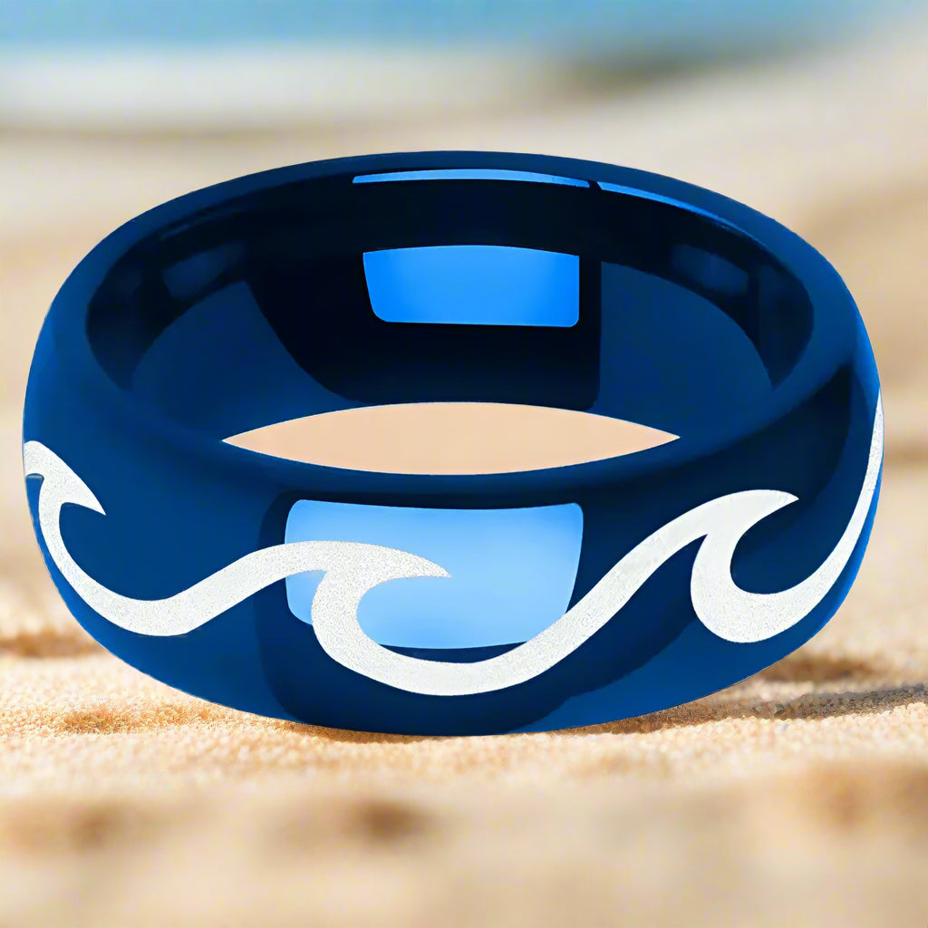 6mm & 8mm Tungsten Ocean Wave Ring – Sea Blue Comfort-Fit Band (Unisex) - Promise Rings
