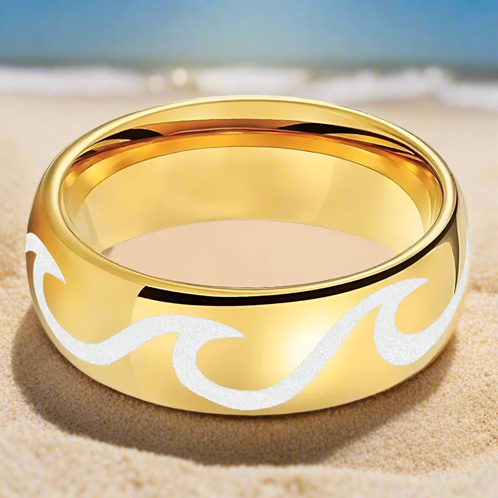6mm & 8mm Tungsten Ocean Wave Ring – Gold Comfort-Fit Band (Unisex) - Promise Rings
