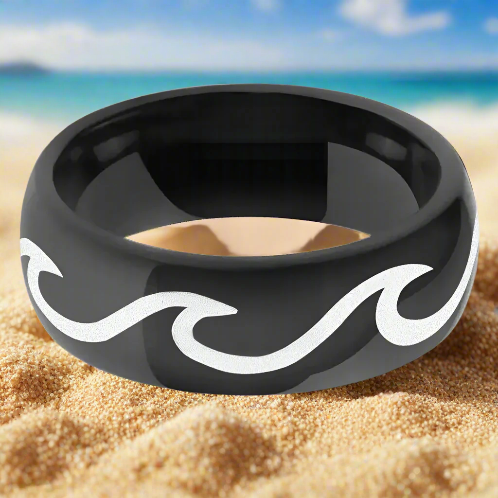 6mm & 8mm Tungsten Ocean Wave Ring – Black Comfort-Fit Band (Unisex) - Promise Rings