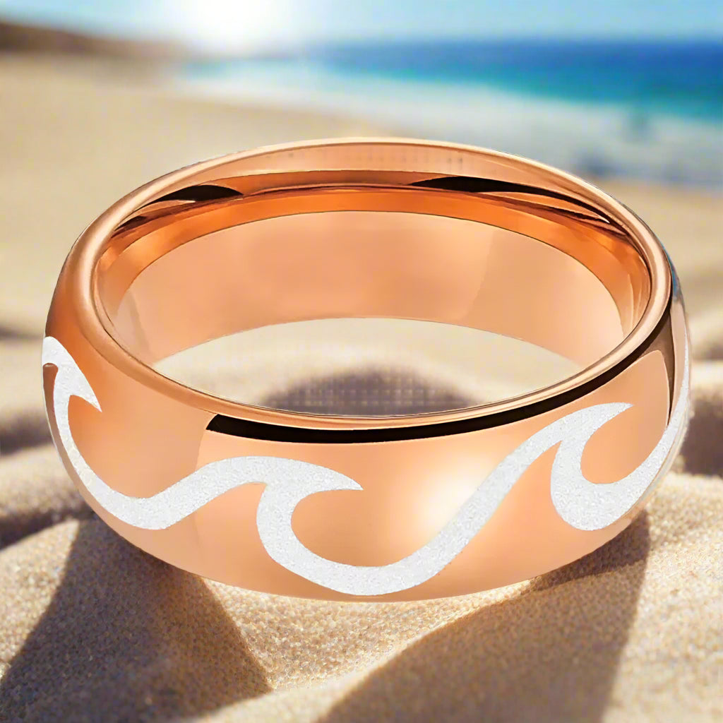 6mm & 8mm Tungsten Ocean Wave Ring – Rose Gold Comfort-Fit Band (Unisex) - Promise Rings
