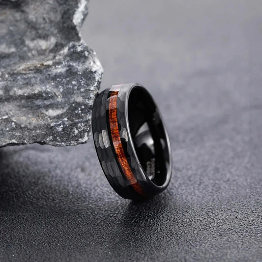 8mm Tungsten Off-Centre Wood Inlay Ring – Hammered Black Finish (Men’s) - Promise Rings