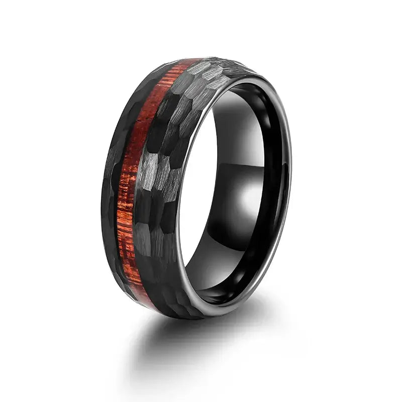 8mm Tungsten Off-Centre Wood Inlay Ring – Hammered Black Finish (Men’s) - Promise Rings