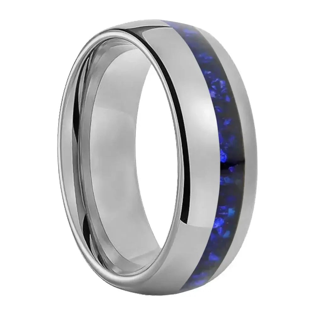 8mm Tungsten Silver Offset Dome Ring – Midnight Blue Crystal Stone Inlay (Men’s) - Promise Rings