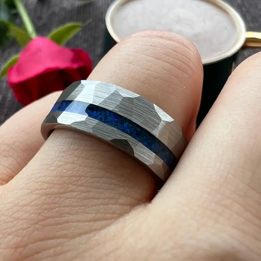 8mm Tungsten Inlay Ring – Hammered Silver with Offset Crushed Blue Opal (Men’s) - Promise Rings