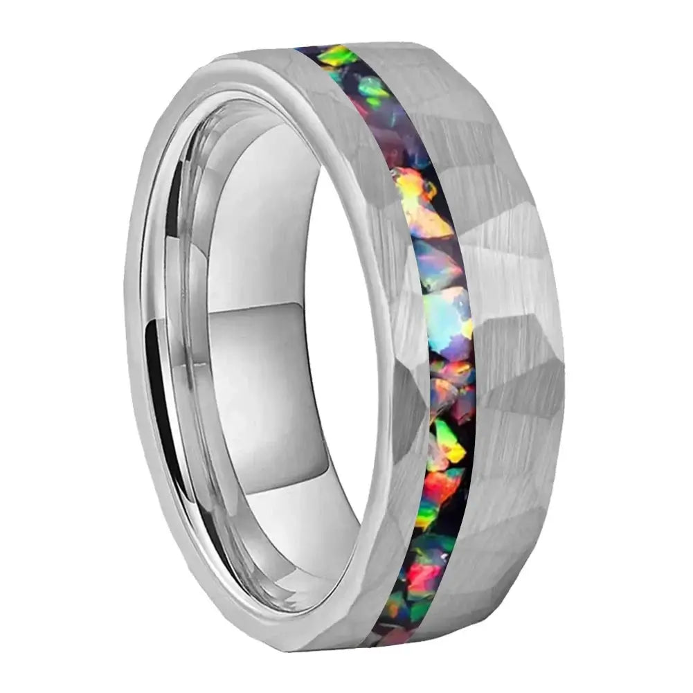 8mm Tungsten Inlay Ring – Hammered Silver with Offset Crushed Fire Opal (Men’s) - Promise Rings