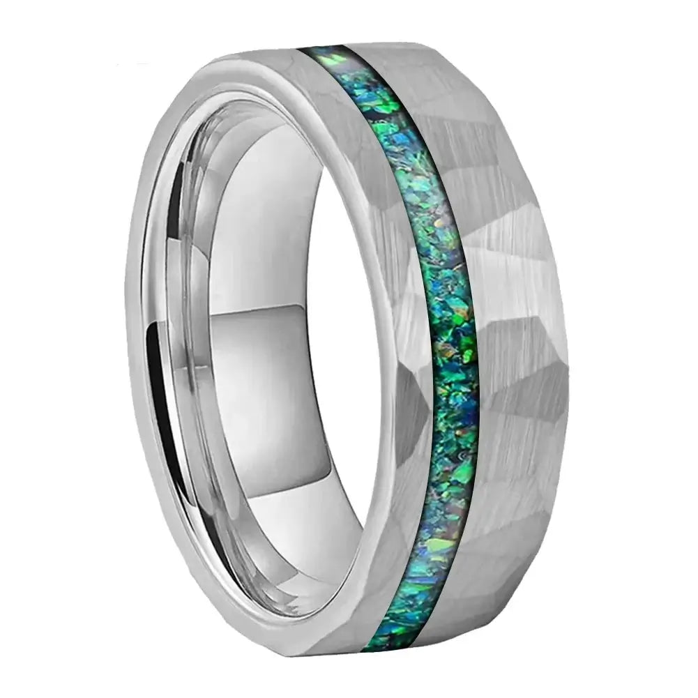 8mm Tungsten Inlay Ring – Hammered Silver with Offset Crushed Green Opal (Men’s) - Promise Rings