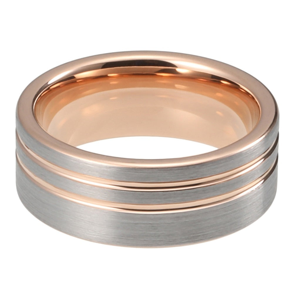 8mm Offset Double Band Rose Gold Tungsten Men's Ring - Promise Rings