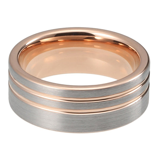 8mm Offset Double Band Rose Gold Tungsten Men's Ring - Promise Rings