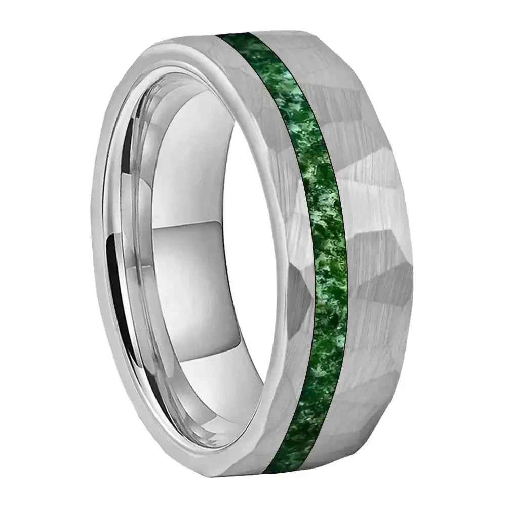 8mm Tungsten Inlay Ring – Hammered Silver with Offset Green Agate Stone (Men’s) - Promise Rings