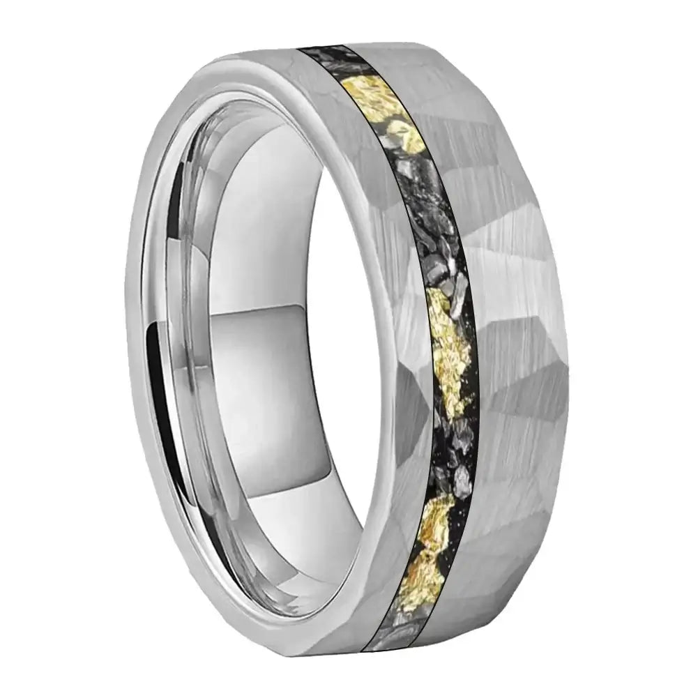 8mm Tungsten Inlay Ring – Hammered Silver with Offset Meteorite & Gold Foil (Men’s) - Promise Rings