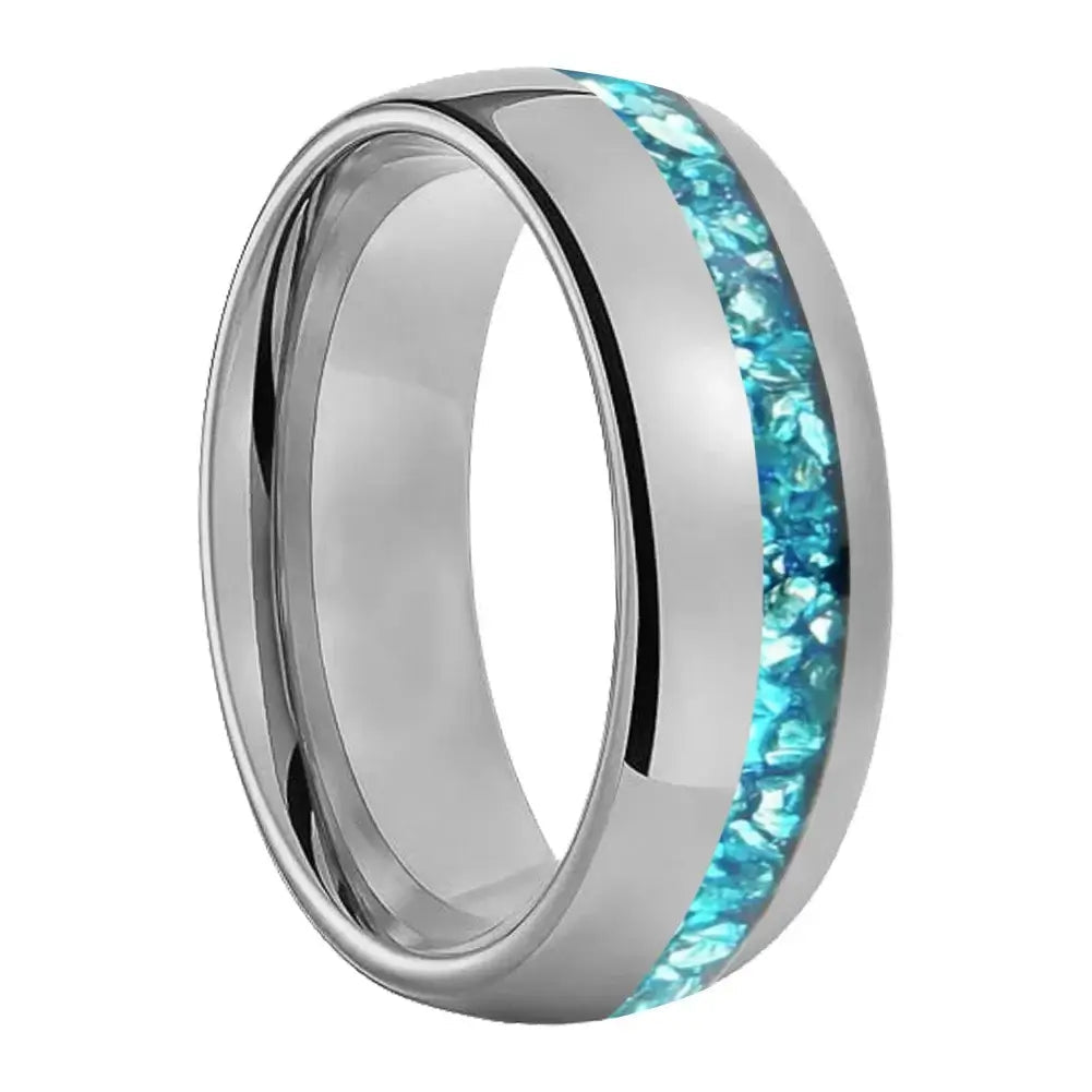 8mm Tungsten Ocean Blue Crystal Ring – Offset Color Inlay (Men’s) - Promise Rings