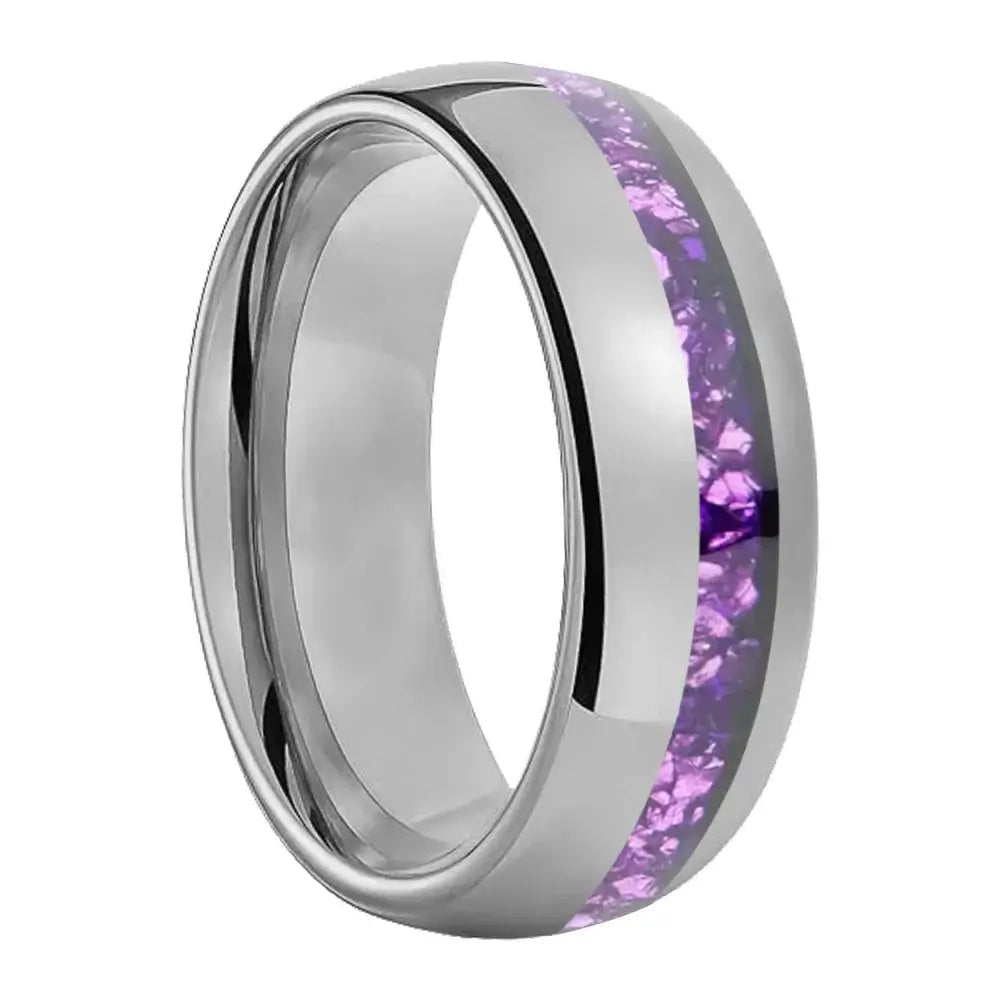 8mm Tungsten Purple Crystal Stone Ring – Offset Dome Inlay (Men’s) - Promise Rings