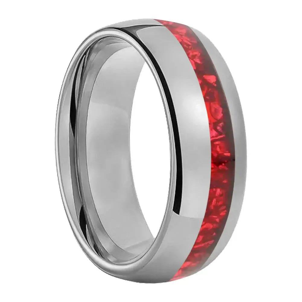 8mm Tungsten Silver Offset Dome Ring – Fire Red Crystal Stone Inlay (Men’s) - Promise Rings