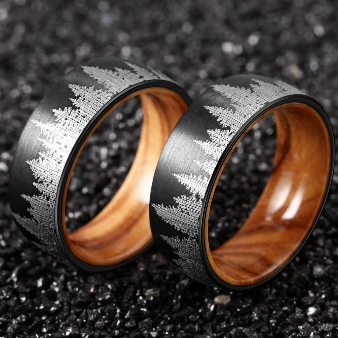 8mm Black Tungsten Forest Ring – Olive Wood & Nature Tree Design (Men’s) - Promise Rings