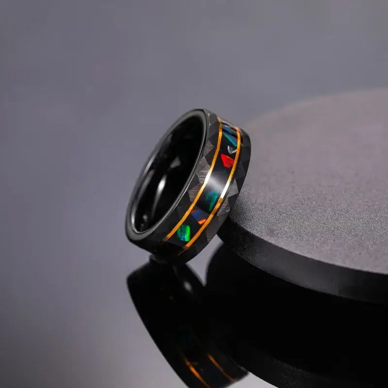 8mm Black Tungsten Opal Metal Slag Inlay Rose Gold Border Hammered Edges Ring – Bold Contrast Design (Men’s) - Promise Rings