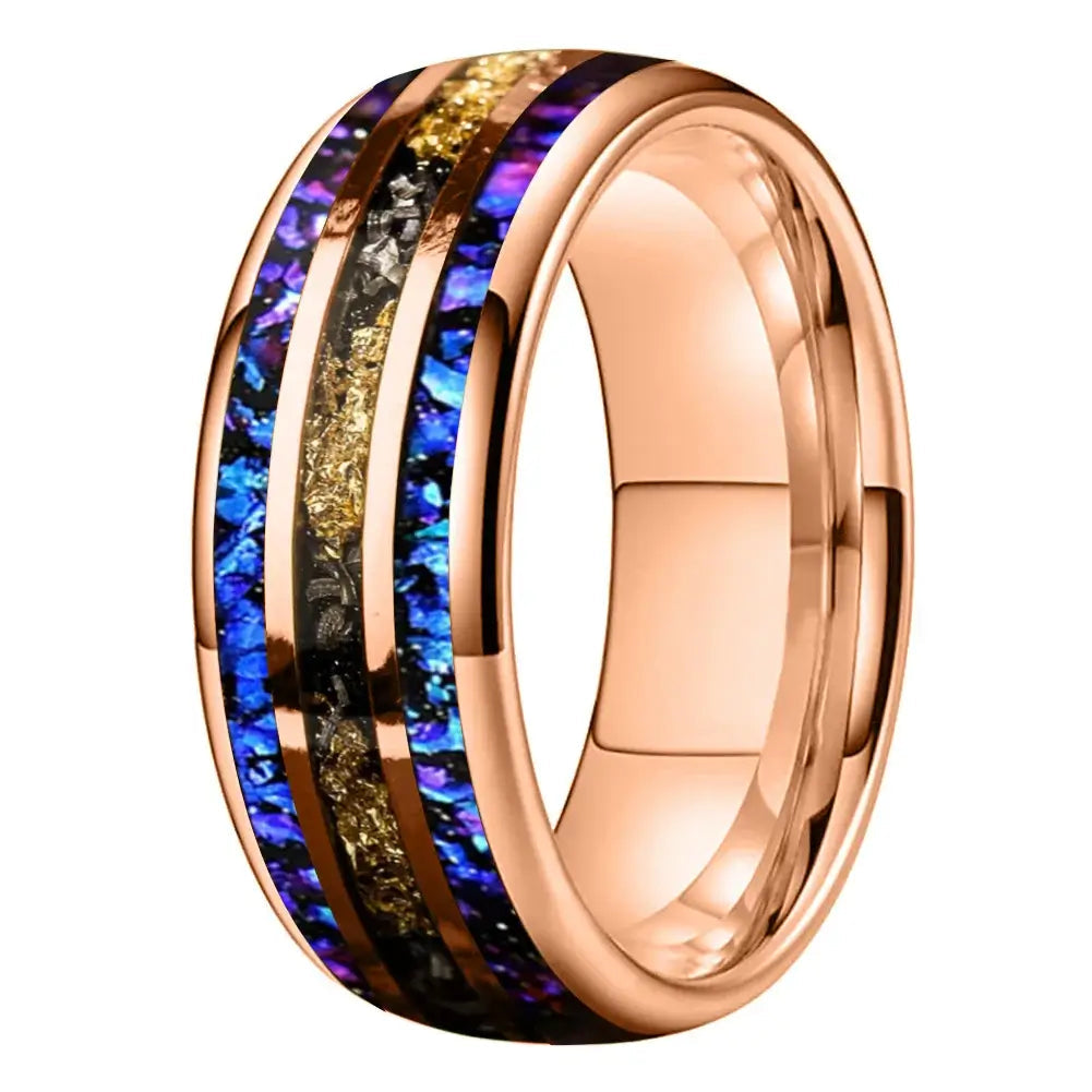 8mm Orion Nebula Opal Meteorite Gold Foil Inlay Tungsten Ring – Cosmic Wonder and Eternal Elegance (Men’s) - Promise Rings