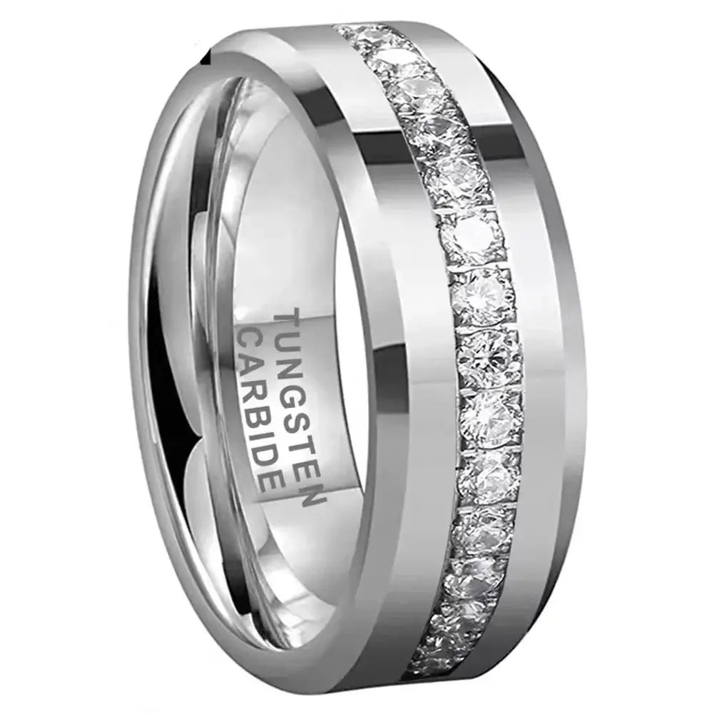 8mm Tungsten Paved Cubic Zirconia Ring – Beveled Edges Design (Men’s) - Promise Rings