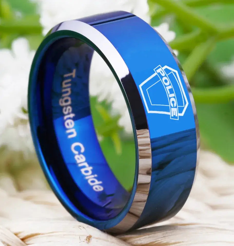 8mm Tungsten Police Cop Blue With Silver Bevelled Edges Ring – Law Enforcement Tribute (Men’s) - Promise Rings