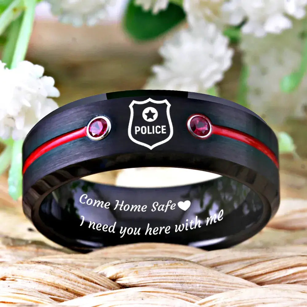 8mm Tungsten Police Cop Ring – Come Home Safe Message & Police Force Symbol (Men’s) - Promise Rings