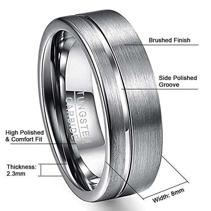 8mm Silver Tungsten Ring – Polished Groove and Brushed Finish (Men’s) - Promise Rings