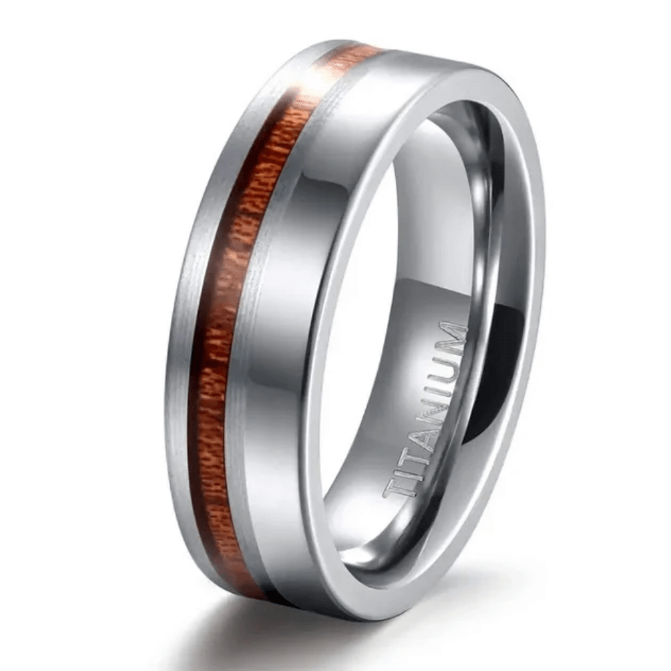 8mm Polished & Matte Nature Wood Inlay Silver Mens Ring - Promise Rings