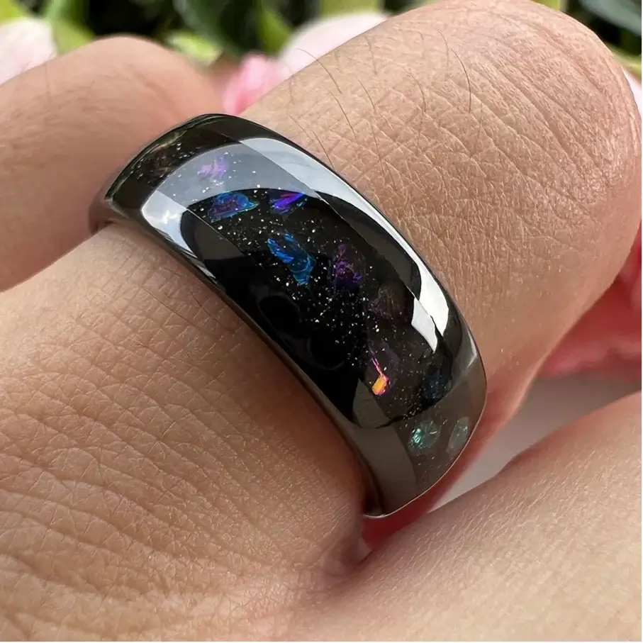 8mm Tungsten Black Ring – Purple Amethyst Chips Inlay (Unisex) - Promise Rings