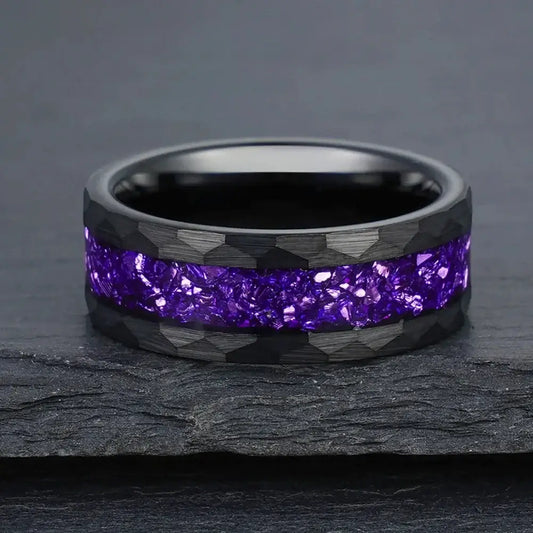 8mm Black Tungsten Ring – Purple Crystal Stone Inlay with Hammered Edge (Men’s) - Promise Rings