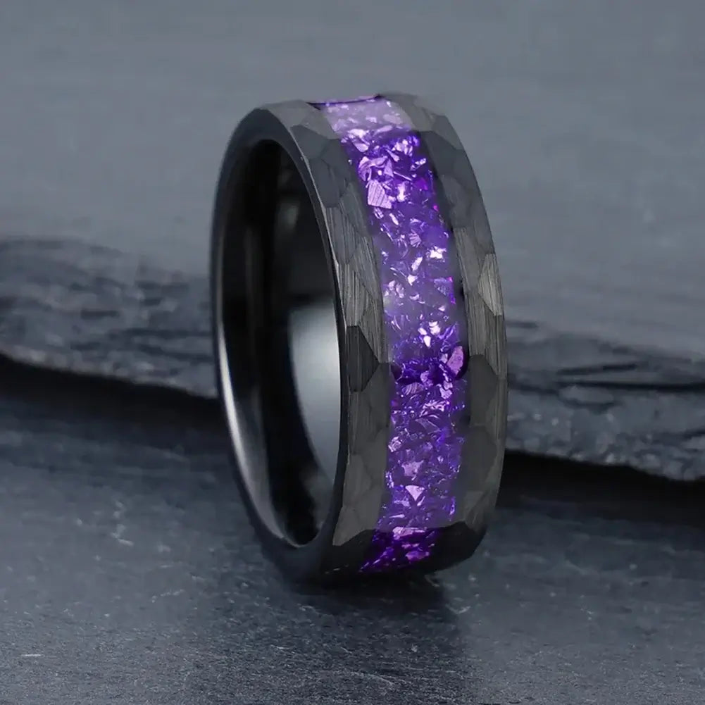 8mm Black Tungsten Ring – Purple Crystal Stone Inlay with Hammered Edge (Men’s) - Promise Rings