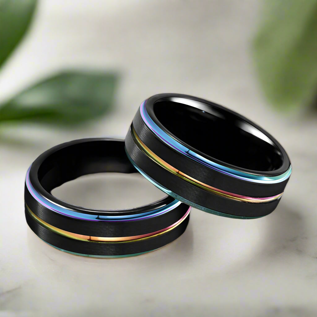 8mm Black Tungsten Ring – Iridescent Rainbow Stripe Inlay (Men’s) - Promise Rings