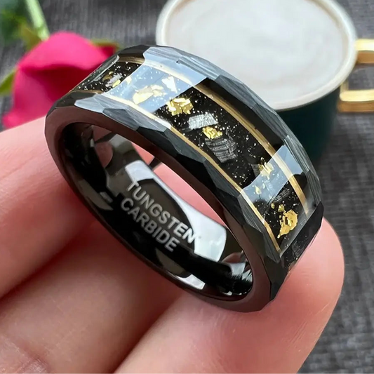 8mm Tungsten Meteorite Chips Gold Foil Inlay Hammered Edge Ring – 4 Color Variations (Men’s) - Promise Rings