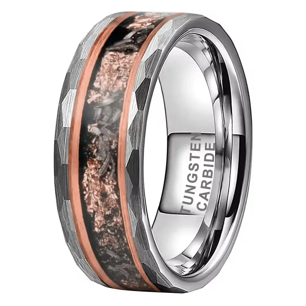 8mm Tungsten Meteorite Chips Gold Foil Inlay Hammered Edge Ring – 4 Color Variations (Men’s) - Promise Rings