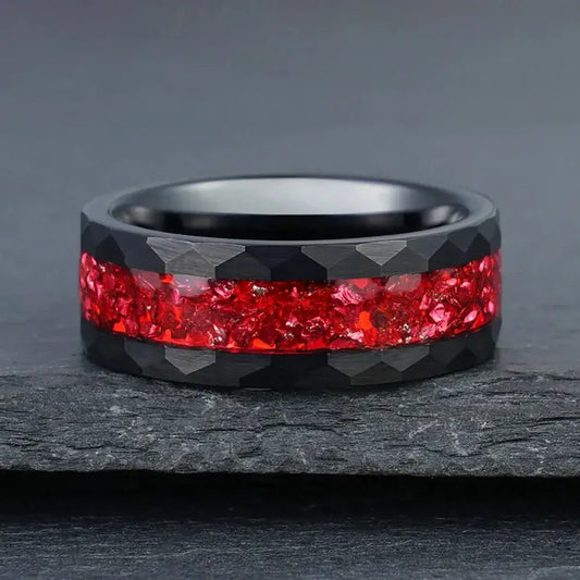 8mm Black Tungsten Ring – Red Crystal Stone Inlay with Hammered Edge (Men’s) - Promise Rings