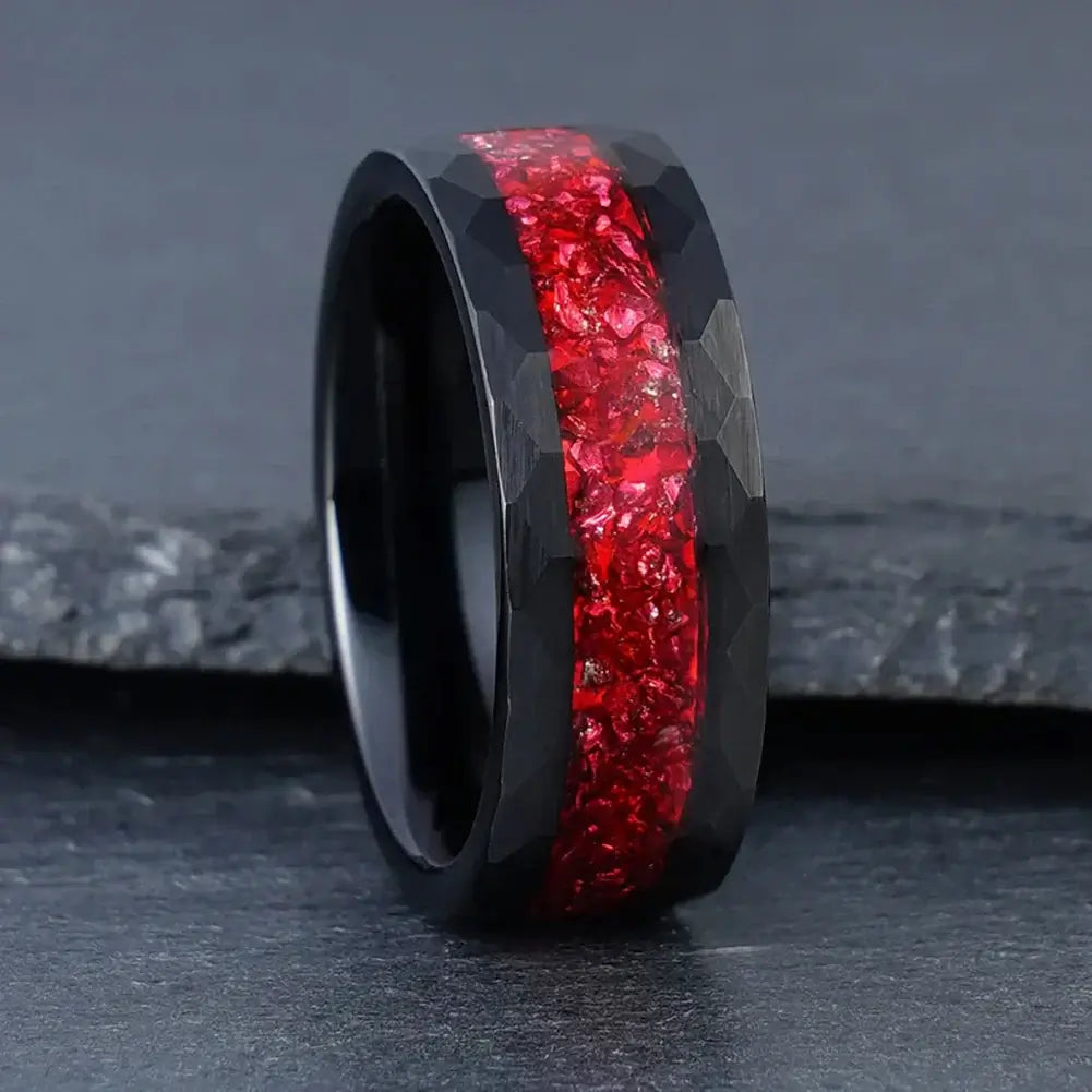 8mm Black Tungsten Ring – Red Crystal Stone Inlay with Hammered Edge (Men’s) - Promise Rings