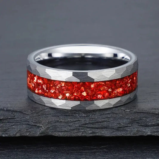 8mm Silver Tungsten Ring – Red Crystal Stone Inlay with Hammered Edge (Men’s) - Promise Rings