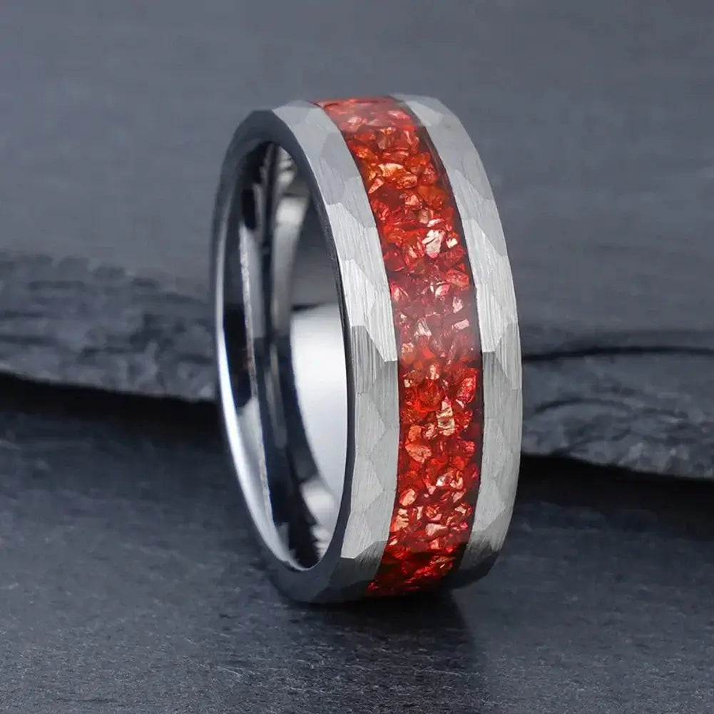 8mm Silver Tungsten Ring – Red Crystal Stone Inlay with Hammered Edge (Men’s) - Promise Rings
