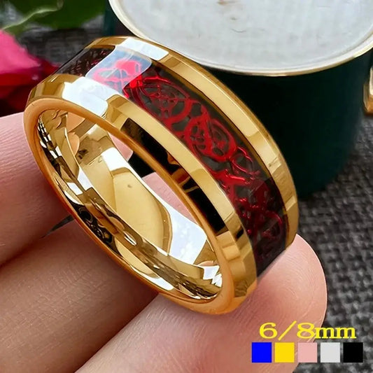 8mm Tungsten Ring – Red Fiery Celtic Dragon with Beveled Polished Edges (Men’s) - Promise Rings