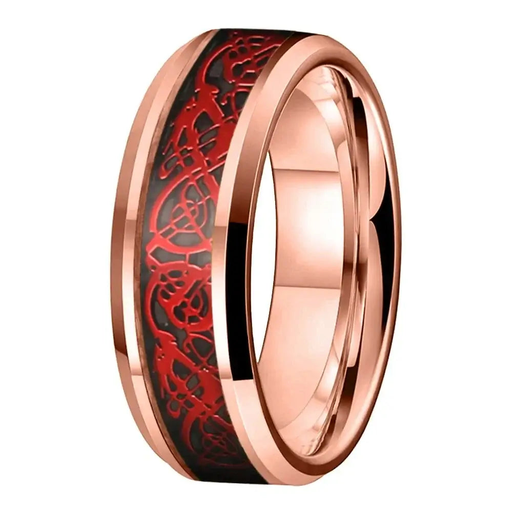 8mm Tungsten Ring – Red Fiery Celtic Dragon with Beveled Polished Edges (Men’s) - Promise Rings