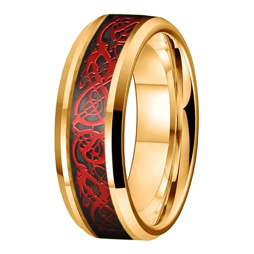 8mm Polished Gold Tungsten Red Dragon Carbon Fibre Ring – Fierce Symbol of Power and Passion (Men’s) - Promise Rings