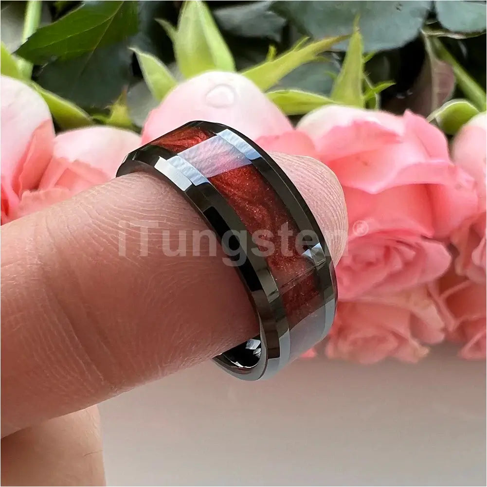 8mm Tungsten Black Ring – Red Sand Inlay Design (Men’s) - Promise Rings