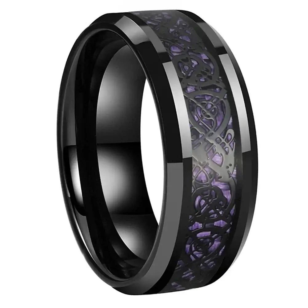 8mm Black Tungsten Ring – Red, Green, or Purple Opal Dragon Inlay Design (Men’s) - Promise Rings