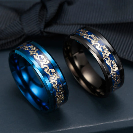8mm Retro Chinese Dragon Titanium Unisex Rings - Promise Rings