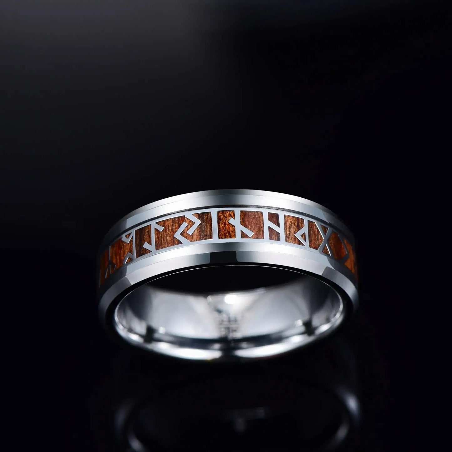 8mm Silver Tungsten Ring – Retro Viking Pattern Wood Inlay (Men’s) - Promise Rings