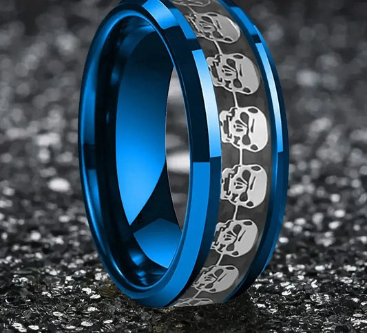8mm Tungsten Retro Punk Skull Pattern Ring – Gothic Halloween Design (Men’s) - Promise Rings