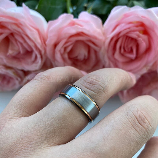 8mm Rose Gold & Black Brushed Stepped Edges Men's Ring - Promise Rings