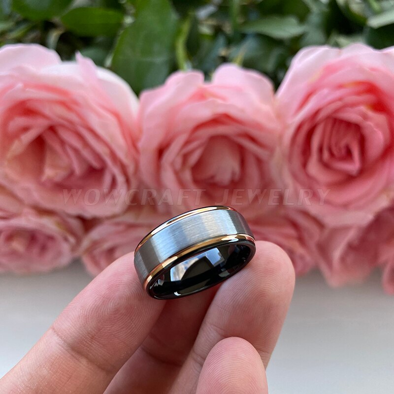 8mm Rose Gold & Black Brushed Stepped Edges Men's Ring - Promise Rings