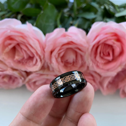 8mm Rose Gold Dragon inlay Black Tungsten Men's Ring - Promise Rings
